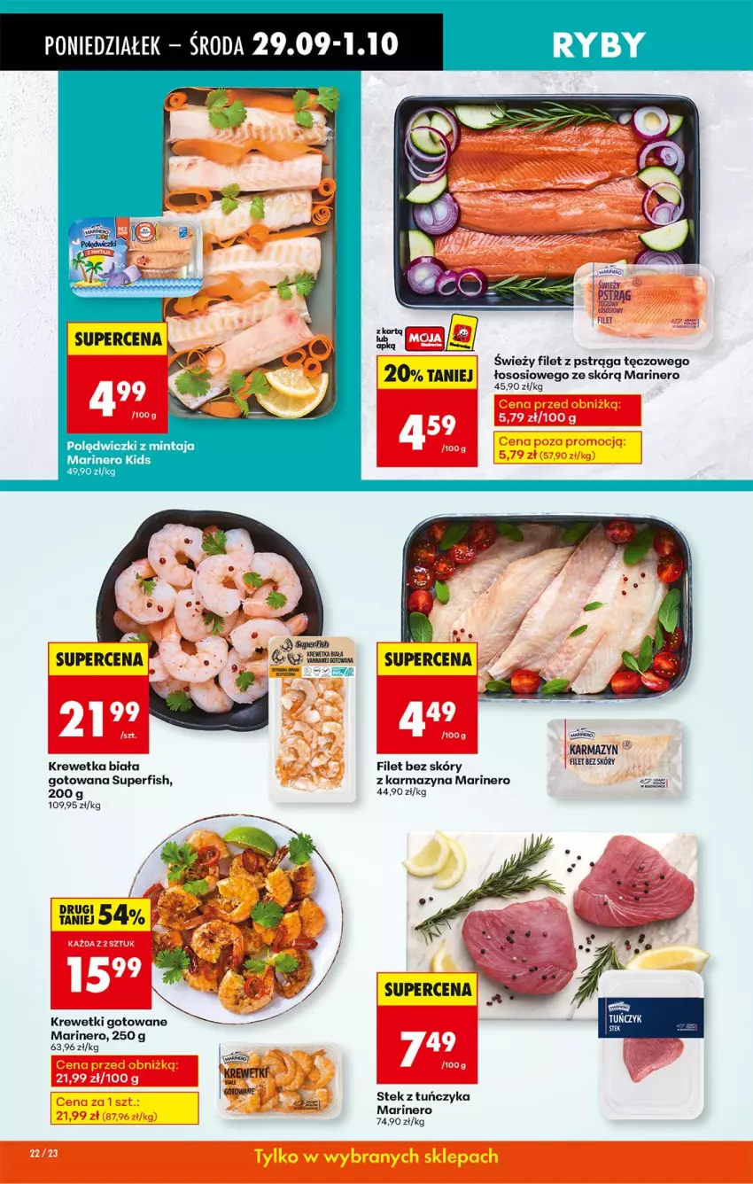 Gazetka promocyjna Biedronka - Od Poniedziałku - ważna 29.09 do 04.10.2025 - strona 30 - produkty: Filet z pstrąga, Krewetki, Mintaj, Pstrąg, Sos, Stek, Tuńczyk