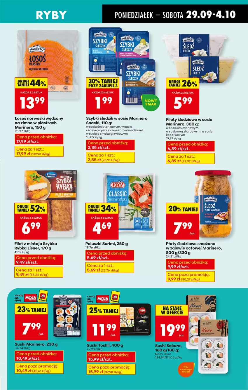 Gazetka promocyjna Biedronka - Od Poniedziałku - ważna 29.09 do 04.10.2025 - strona 31 - produkty: Fa, Filet z mintaja, Lisner, Mintaj, Mus, Płaty śledziowe, Sos, Surimi, Sushi