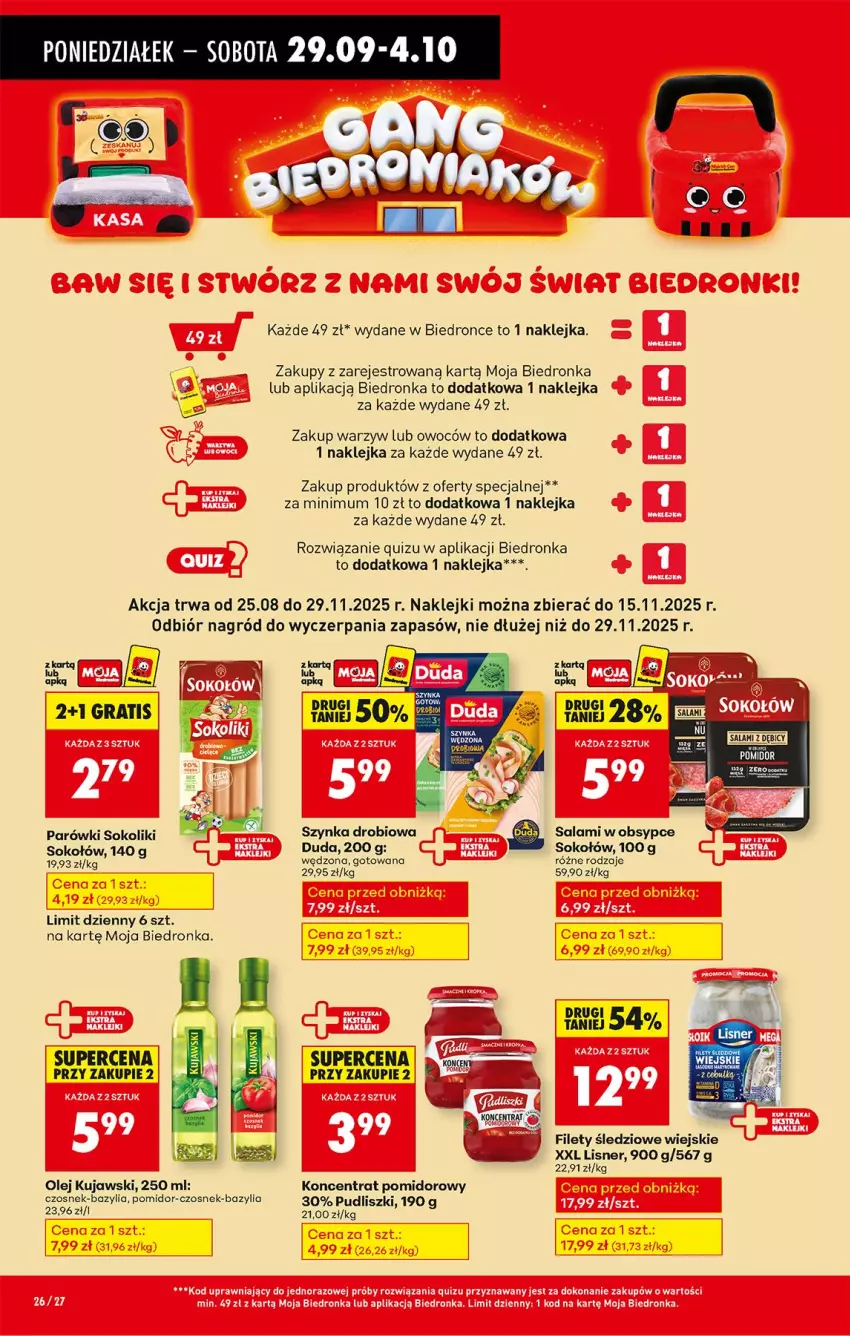 Gazetka promocyjna Biedronka - Od Poniedziałku - ważna 29.09 do 04.10.2025 - strona 34 - produkty: Bazyl, Bazylia, Czosnek, Duda, Klej, Koncentrat pomidorowy, Kujawski, Lisner, Olej, Parówki, Parówki sokoliki, Pudliszki, Quiz, Salami, Sok, Sokołów, Szynka