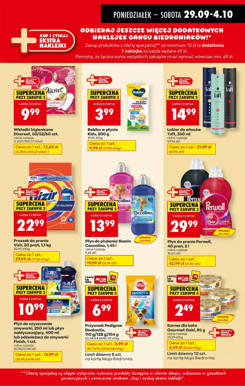 Gazetka promocyjna Biedronka - Od Poniedziałku - ważna 29.09 do 04.10.2025 - strona 38 - produkty: Bebiko, Coccolino, Discreet, Finish, Gourmet Gold, K2, Lakier, Lakier do włosów, LG, Odświeżacz do zmywarki, Pedigree, Perwoll, Płyn do płukania, Płyn do prania, Płyn nabłyszczający, Proszek do prania, Taft, Vizir, Wkładki, Zmywarki