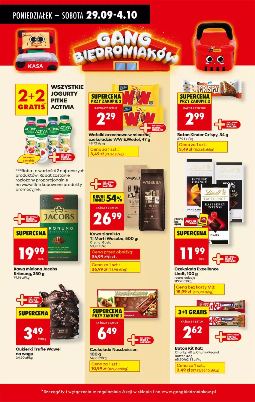 Gazetka promocyjna Biedronka - Od Poniedziałku - ważna 29.09 do 04.10.2025 - strona 39 - produkty: Activia, Baton, Cukier, Cukierki, Czekolada, Jacobs, Jogurt, Kawa, Kawa mielona, Kawa ziarnista, Kinder, Kit Kat, Lindt, Por, Ser, Wawel, Woseba