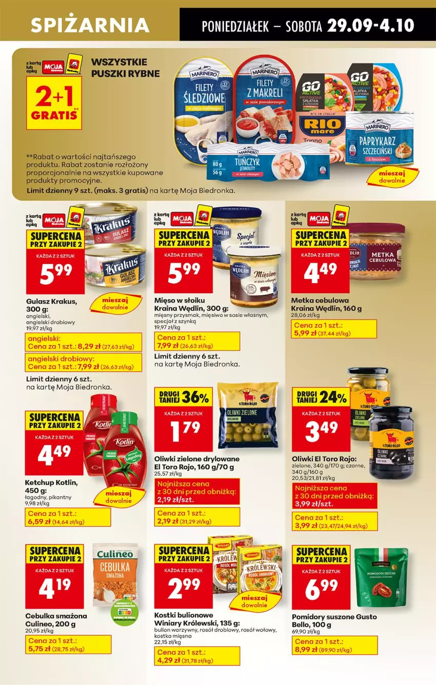 Gazetka promocyjna Biedronka - Od Poniedziałku - ważna 29.09 do 04.10.2025 - strona 51 - produkty: Bell, Bulion, Gra, Ketchup, Kotlin, Krakus, Królewski, Lion, Mięso, Oliwki, Oliwki zielone, Papryka, Paprykarz, Pomidory, Por, Rosół, Rosół drobiowy, Rosół wołowy, Sos, Tuńczyk, Winiary