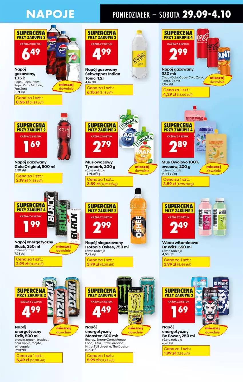 Gazetka promocyjna Biedronka - Od Poniedziałku - ważna 29.09 do 04.10.2025 - strona 61 - produkty: Coca-Cola, Fa, Fanta, Full Throttle, Gin, Lack, Mango, Mirinda, Mus, Napój, Napój energetyczny, Napój gazowany, Napój niegazowany, Napoje, Oshee, Pepsi, Schweppes, Sprite, Tropical, Tymbark, Woda