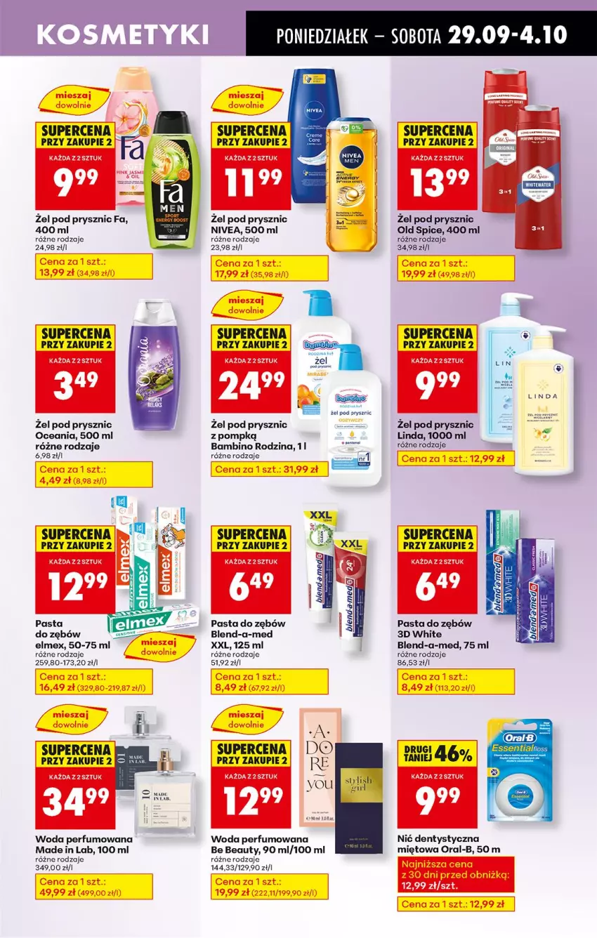 Gazetka promocyjna Biedronka - Od Poniedziałku - ważna 29.09 do 04.10.2025 - strona 65 - produkty: Be Be, Blend-a-Med, Elmex, Fa, Nić dentystyczna, Nivea, Old Spice, Pasta do zębów, Perfum, Woda, Woda perfumowana
