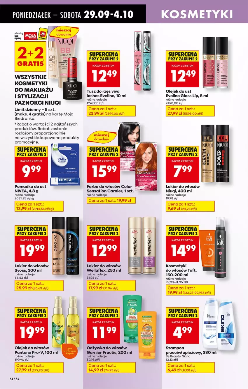 Gazetka promocyjna Biedronka - Od Poniedziałku - ważna 29.09 do 04.10.2025 - strona 66 - produkty: Be Be, Eveline, Fa, Farba do włosów, Fructis, Garnier, Gra, Lakier, Lakier do włosów, Makijaż, Niuqi, Nivea, Odżywka, Olej, Pantene, Por, Sati, Syoss, Szampon, Taft, Tusz, Wella, Wellaflex