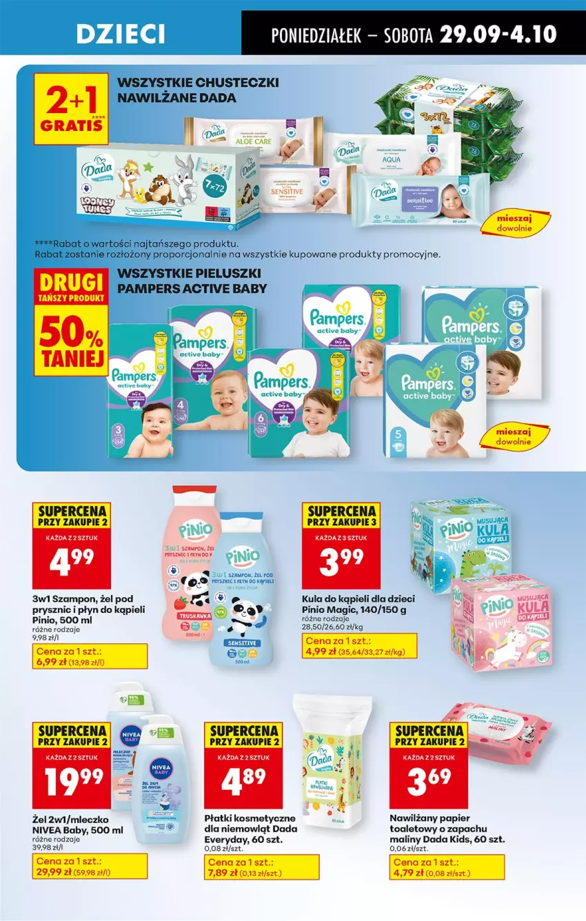 Gazetka promocyjna Biedronka - Od Poniedziałku - ważna 29.09 do 04.10.2025 - strona 69 - produkty: Dada, Dzieci, Kula do kąpieli, Maliny, Mleczko, Mus, Nawilżany papier, Nivea, Nivea Baby, Papier, Płatki kosmetyczne, Płyn do kąpieli, Szampon