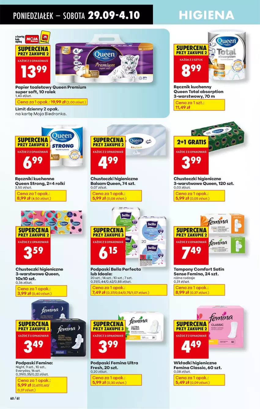 Gazetka promocyjna Biedronka - Od Poniedziałku - ważna 29.09 do 04.10.2025 - strona 72 - produkty: Bell, Bella, Chusteczki, Gra, Papier, Papier toaletowy, Perfecta, Pizza, Podpaski, Ręcznik, Ręcznik kuchenny, Rolki, Sati, Tampony, Wkładki