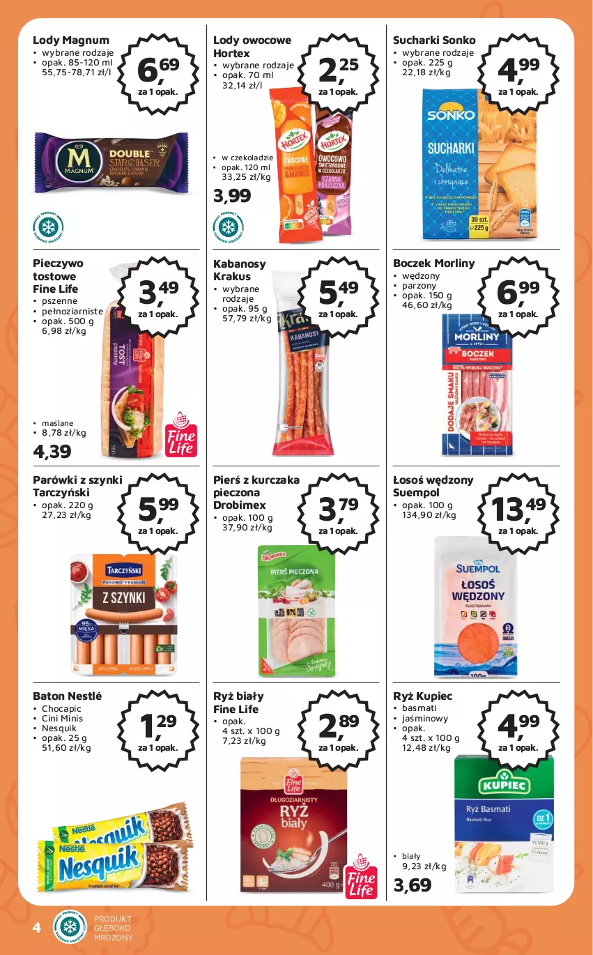 Gazetka promocyjna Odido - Gazetka - ważna 30.06 do 13.07.2023 - strona 4 - produkty: Baton, Boczek, Cini Minis, Drobimex, Hortex, Kabanos, Krakus, Kupiec, Kurczak, Lody, Morliny, Nesquik, Nestlé, Parówki, Parówki z szynki, Piec, Pieczywo, Ryż, Ryż biały, Sonko, Suempol, Tarczyński