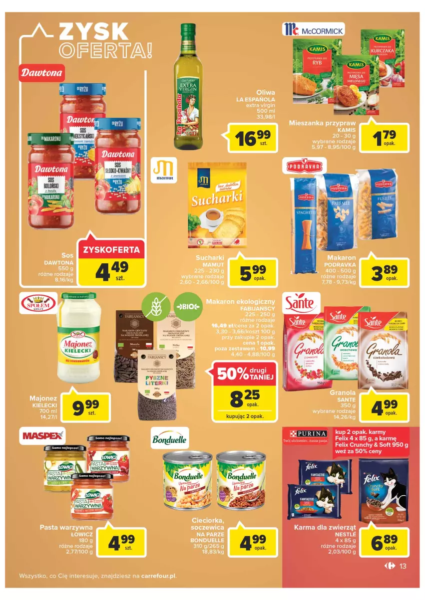 Gazetka promocyjna Carrefour - Gazetka Carrefour ZyskOferty - ważna 04.05 do 14.05.2022 - strona 13 - produkty: Bonduelle, Cieciorka, Dawtona, Fa, Gin, Gra, Granola, Kamis, Kosz, Makaron, Orka, Pasta warzywna, Podravka, Sante, Ser