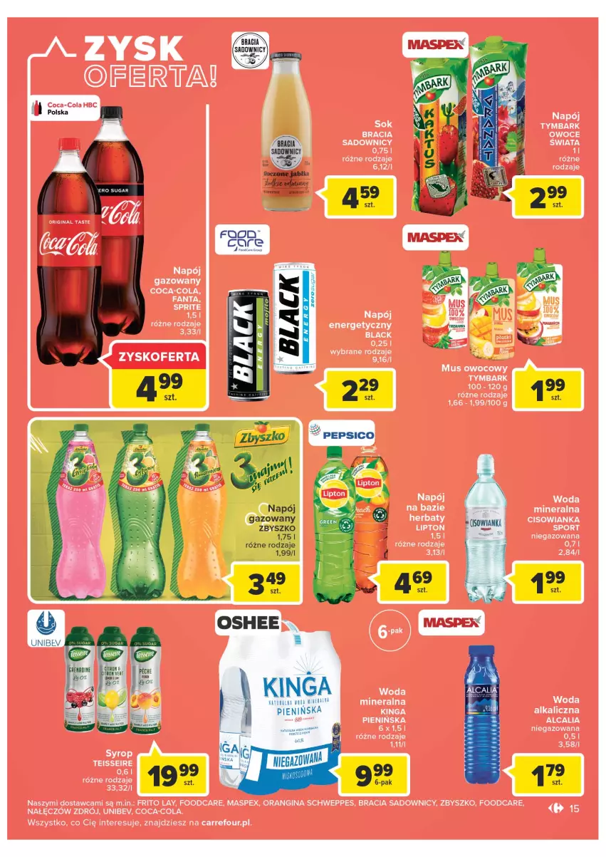 Gazetka promocyjna Carrefour - Gazetka Carrefour ZyskOferty - ważna 04.05 do 14.05.2022 - strona 15 - produkty: Cisowianka, Coca-Cola, Fa, Fanta, Gin, Lack, Lipton, Mus, Napój, Napój energetyczny, Napój gazowany, Owoce, Por, Schweppes, Sok, Sport, Tymbark, Woda, Woda mineralna