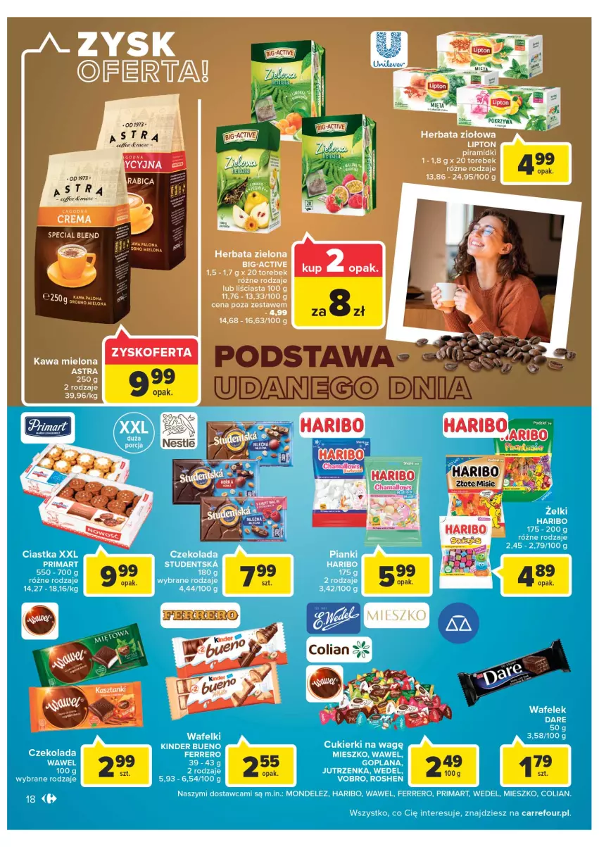 Gazetka promocyjna Carrefour - Gazetka Carrefour ZyskOferty - ważna 04.05 do 14.05.2022 - strona 18 - produkty: Ciastka, Cukier, Cukierki, Czekolada, Ferrero, Goplana, Hama, Haribo, Herbata, Jutrzenka, Kawa, Kawa mielona, Kinder, Kinder Bueno, LANA, Lipton, Prima, Wafelek, Wawel