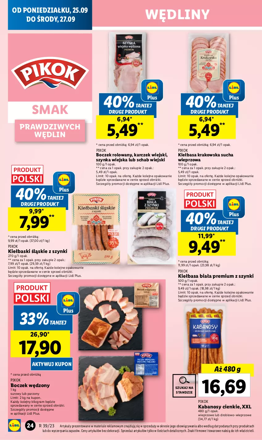 Gazetka promocyjna Lidl - GAZETKA - ważna 25.09 do 27.09.2023 - strona 34 - produkty: Boczek, Gra, Kabanos, Kiełbasa, Kiełbasa biała, Kiełbasa krakowska, Kiełbaski śląskie, Olej, PIKOK, Szynka