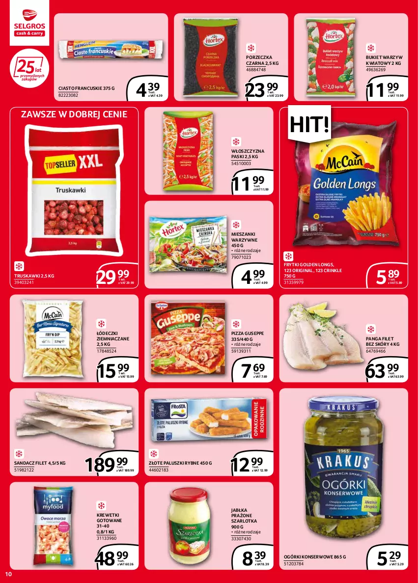 Gazetka promocyjna Selgros - Extra Oferta - ważna 01.02 do 28.02.2022 - strona 10 - produkty: Bukiet, Bukiet warzyw, Ciasto francuskie, Frytki, Gin, Jabłka, Jabłka prażone, Krewetki, Ogórki konserwowe, Paluszki rybne, Panga, Pizza, Por, Sandacz, Sandacz filet, Ser, Szarlotka, Truskawki