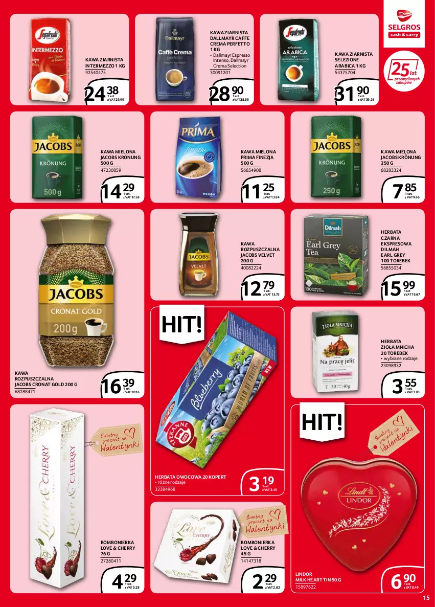 Gazetka promocyjna Selgros - Extra Oferta - ważna 01.02 do 28.02.2022 - strona 15 - produkty: BIC, Dallmayr, Dilmah, Earl Grey, Herbata, Herbata czarna, Herbata owocowa, Jacobs, Jacobs Krönung, Jacobs Velvet, Kawa, Kawa mielona, Kawa rozpuszczalna, Kawa ziarnista, Lindor, Prima, Velvet