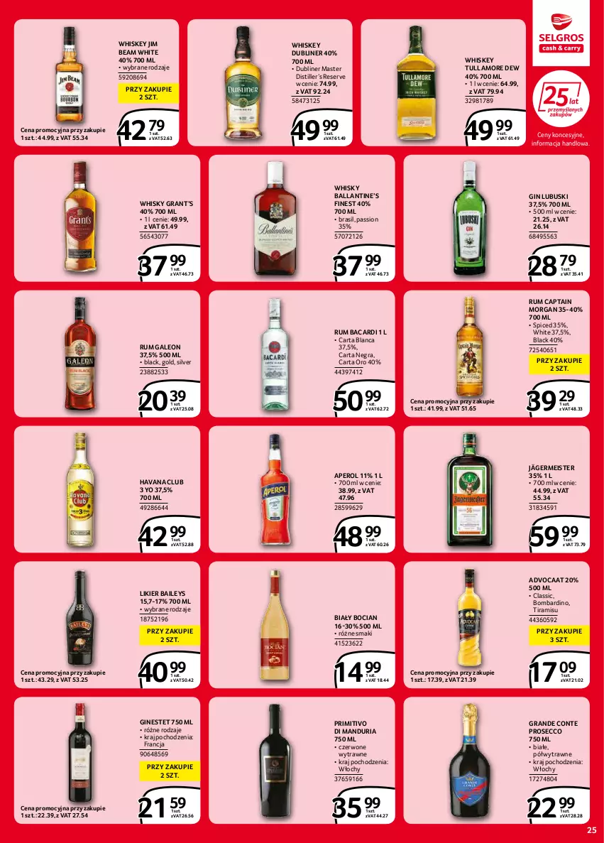 Gazetka promocyjna Selgros - Extra Oferta - ważna 01.02 do 28.02.2022 - strona 25 - produkty: Advocaat, Aperol, Bacardi, Biały Bocian, Captain Morgan, Gin, Gra, Jim Beam, Lack, Leon, Likier, Prosecco, Rum, Ser, Tullamore Dew, Whiskey, Whisky