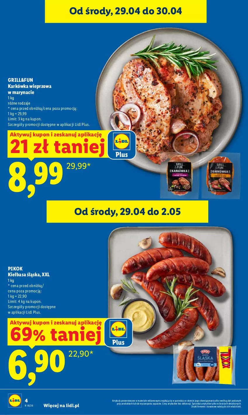 Gazetka promocyjna Lidl - Gazetka ważna od 29.04 do 2.05 - ważna 29.04 do 02.05.2026 - strona 4 - produkty: Grill, Karkówka wieprzowa, Kiełbasa, Kiełbasa śląska, PIKOK