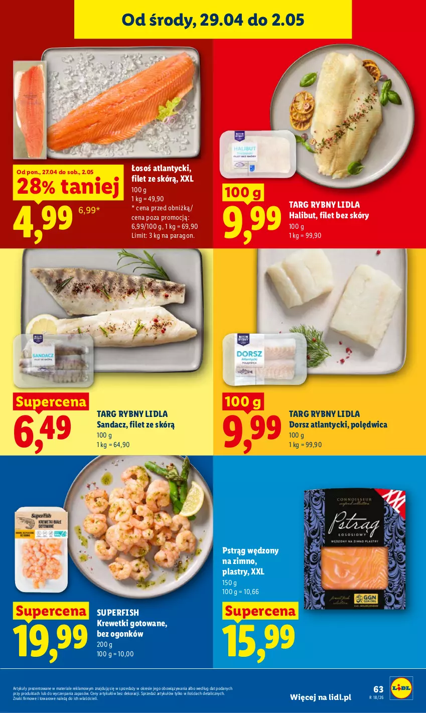 Gazetka promocyjna Lidl - Gazetka ważna od 29.04 do 2.05 - ważna 29.04 do 02.05.2026 - strona 63 - produkty: Dorsz, Halibut, Krewetki, Polędwica, Pstrąg, Pstrąg wędzony, Sandacz