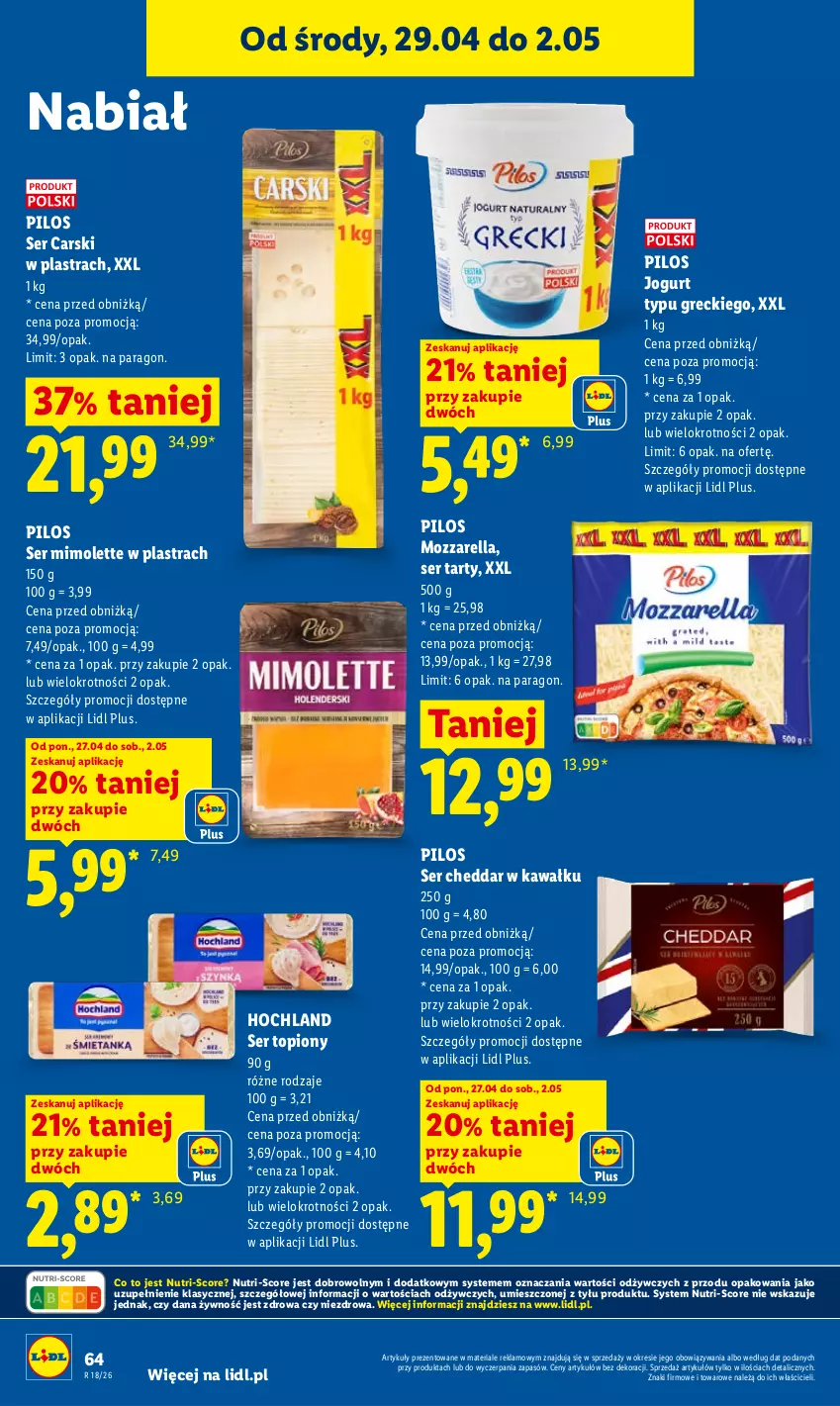 Gazetka promocyjna Lidl - Gazetka ważna od 29.04 do 2.05 - ważna 29.04 do 02.05.2026 - strona 64 - produkty: Cars, Cheddar, Hochland, Jogurt, Kawa, Mimolette, Mozzarella, Pilos, Ser, Ser topiony, Top