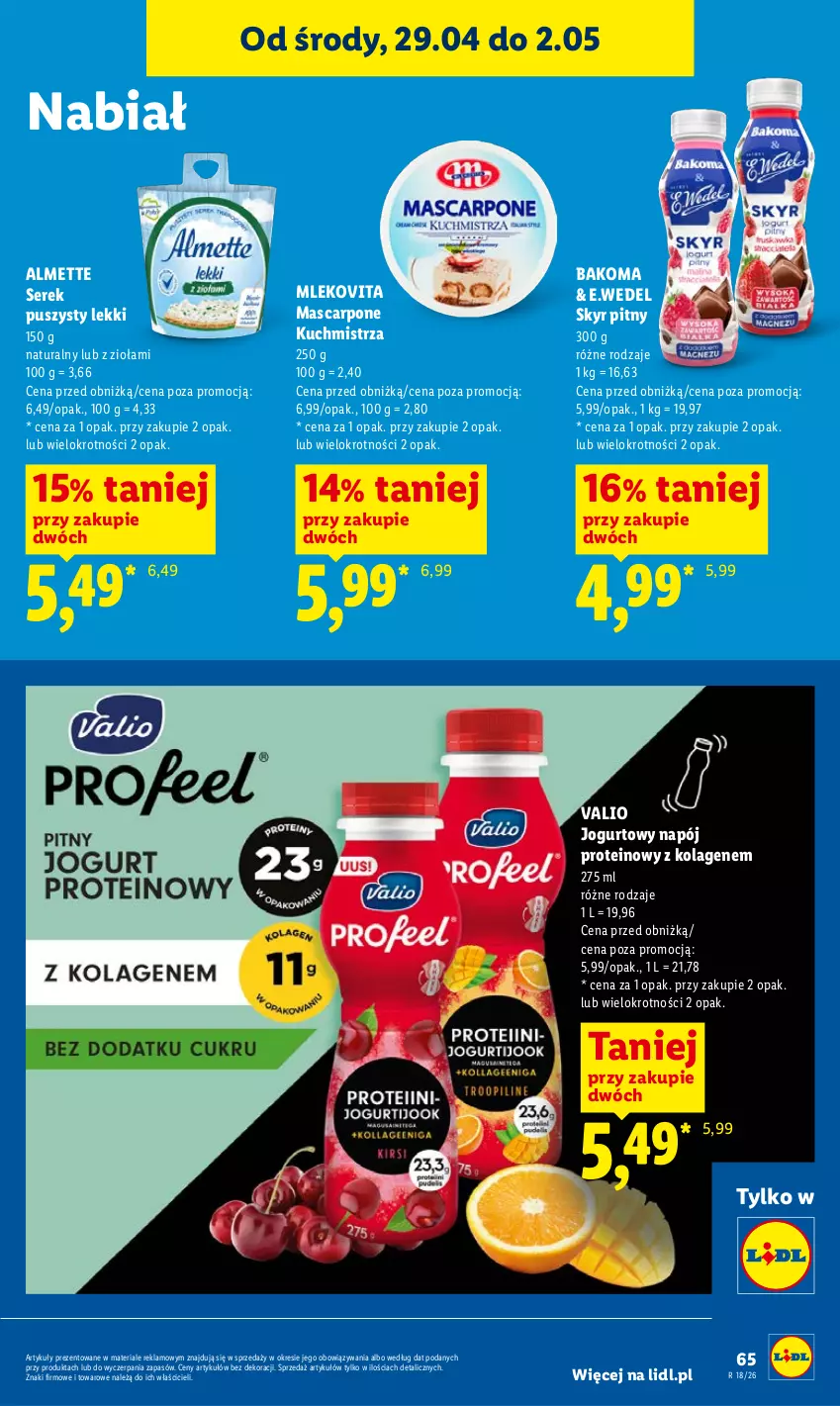Gazetka promocyjna Lidl - Gazetka ważna od 29.04 do 2.05 - ważna 29.04 do 02.05.2026 - strona 65 - produkty: Almette, Bakoma, Jogurt, Kolagen, Mascarpone, Mleko, Mlekovita, Napój, Ser, Serek, Serek puszysty