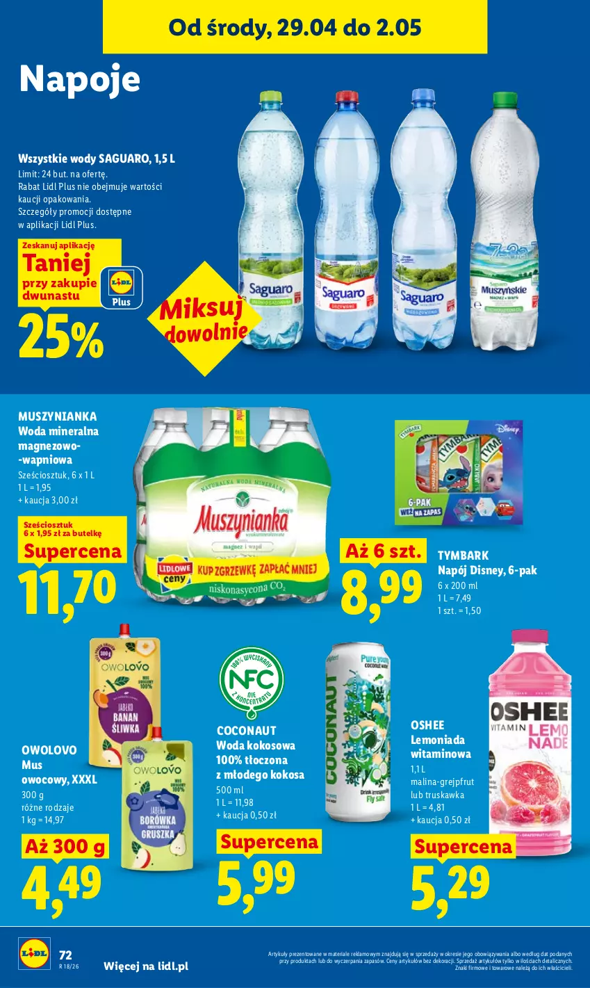 Gazetka promocyjna Lidl - Gazetka ważna od 29.04 do 2.05 - ważna 29.04 do 02.05.2026 - strona 72 - produkty: Disney, Grejpfrut, Kokos, Lemoniada, Magnez, Mus, Muszynianka, Napój, Napoje, Oshee, Tymbark, Woda, Woda mineralna