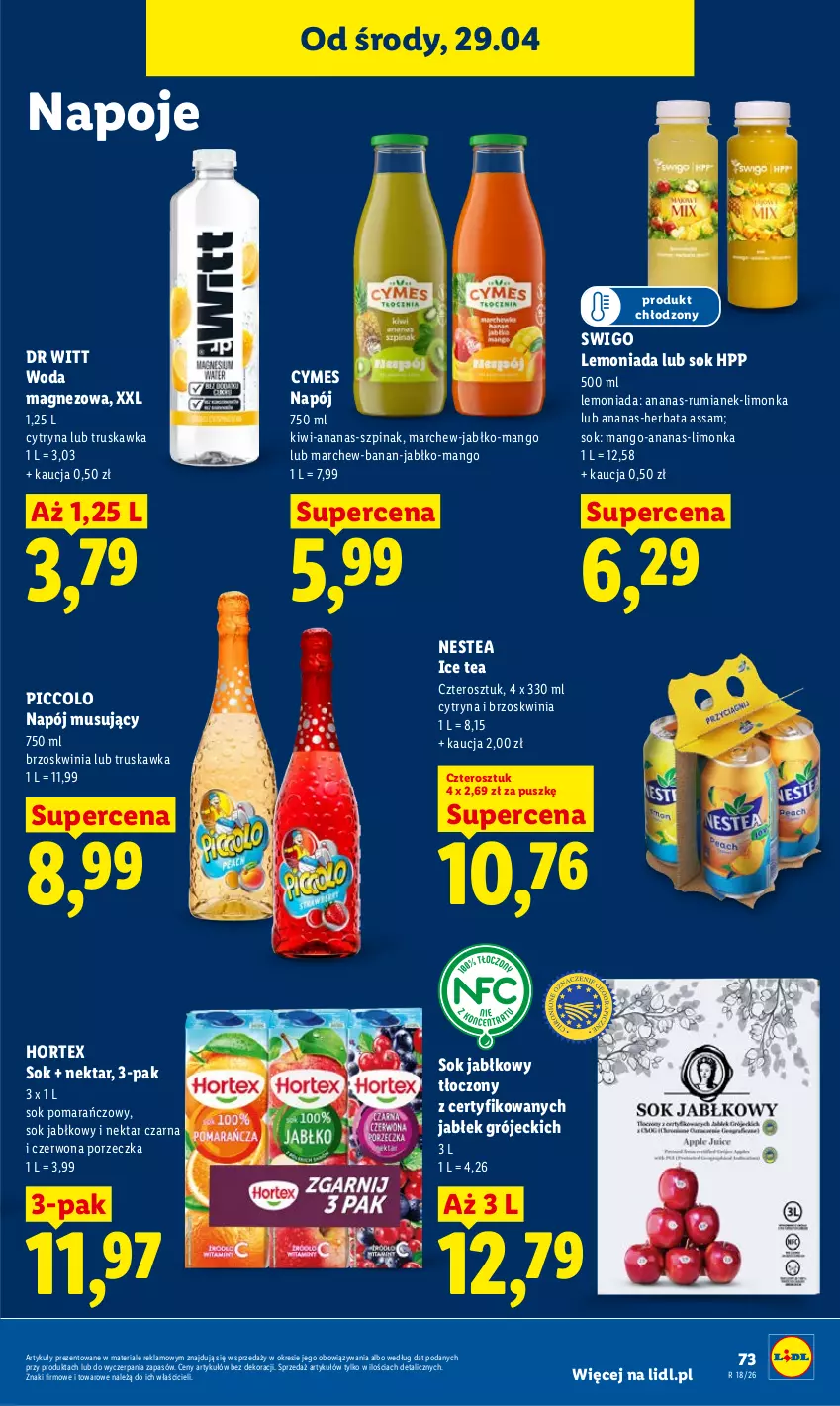 Gazetka promocyjna Lidl - Gazetka ważna od 29.04 do 2.05 - ważna 29.04 do 02.05.2026 - strona 73 - produkty: Ananas, Herbata, Hortex, HP, Ice tea, Kiwi, Lemoniada, Limonka, Magnez, Mango, Mus, Napój, Napój musujący, Napoje, Nektar, Nestea, Por, Rum, Sok, Sok jabłkowy, Sok pomarańczowy, Szpinak, Woda