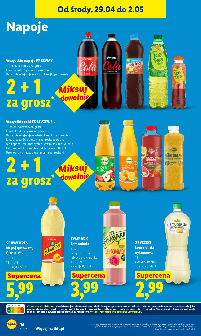 Gazetka promocyjna Lidl - Gazetka ważna od 29.04 do 2.05 - ważna 29.04 do 02.05.2026 - strona 74 - produkty: Lemoniada, Limonka, Napój, Napój gazowany, Napoje, Schweppes, Sok, Tymbark