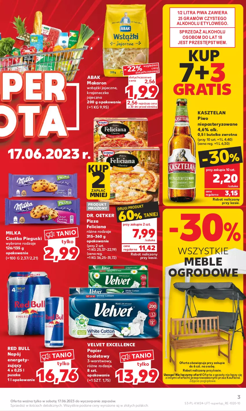 Gazetka promocyjna Kaufland - Gazetka tygodnia - ważna 15.06 do 21.06.2023 - strona 3 - produkty: Ciastka, Dr. Oetker, Feliciana, Gra, Kasztelan, Makaron, Meble, Milka, Napój, Papier, Papier toaletowy, Piwa, Piwo, Pizza, Red Bull, Velvet, Waga