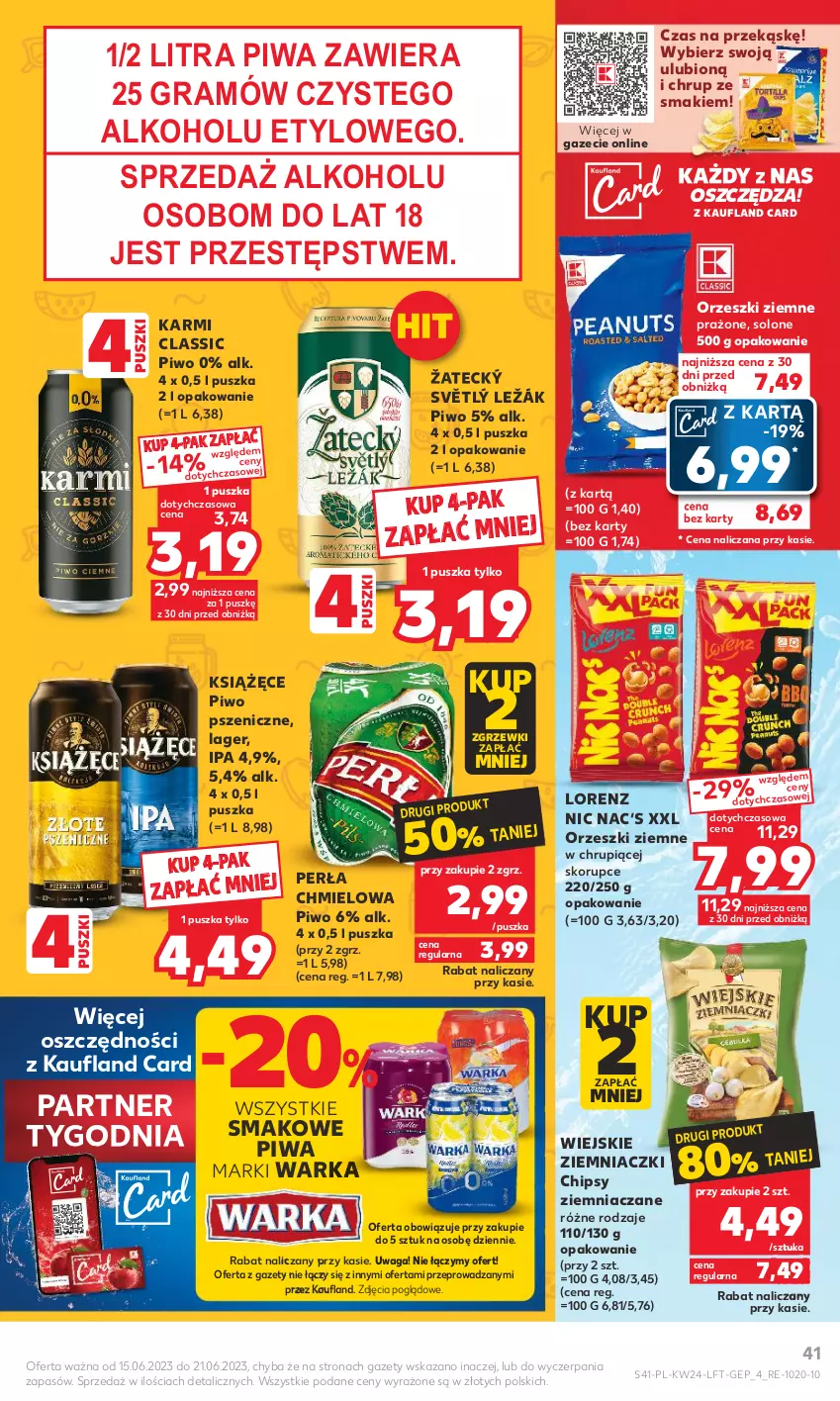 Gazetka promocyjna Kaufland - Gazetka tygodnia - ważna 15.06 do 21.06.2023 - strona 41 - produkty: Chipsy, Gra, Karmi, Książęce, Lorenz, Orzeszki, Orzeszki ziemne, Perła, Piwa, Piwo, Waga, Warka