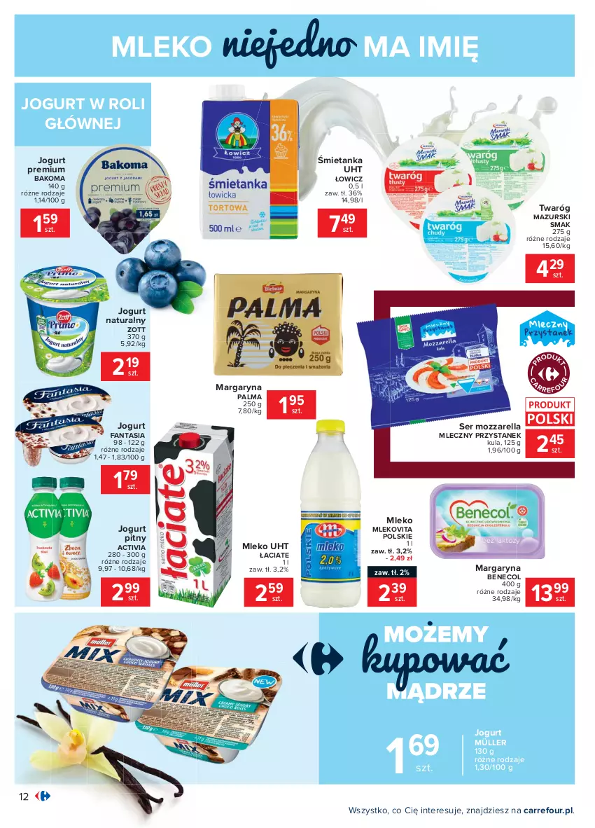 Gazetka promocyjna Carrefour - Gazetka Carrefour - ważna 15.02 do 27.02.2021 - strona 12 - produkty: Activia, Bakoma, Benecol, Fa, Fanta, Jogurt, Jogurt naturalny, Jogurt pitny, Margaryna, Mleko, Mlekovita, Mozzarella, Müller, Palma, Ser, Twaróg, Zott