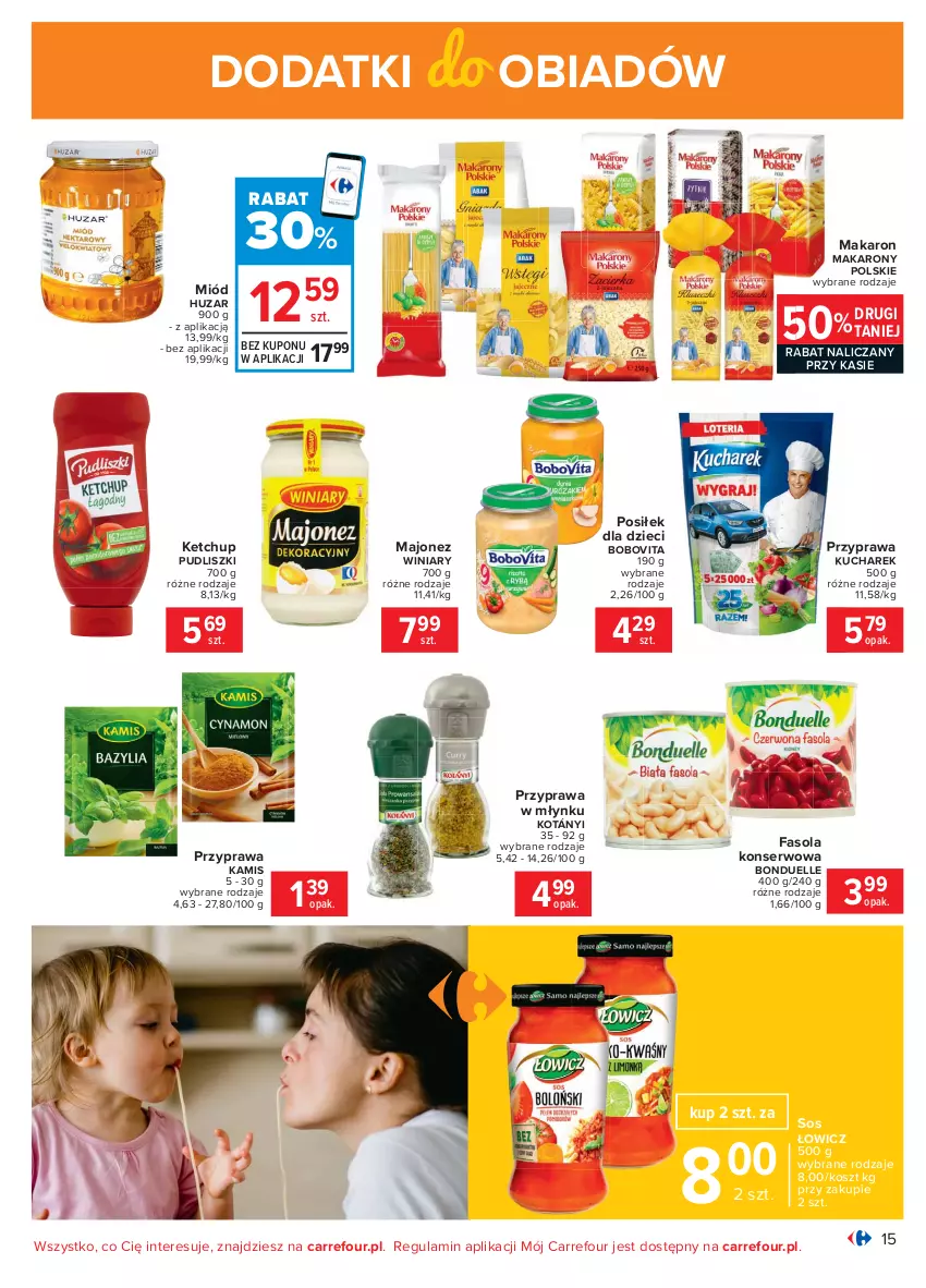 Gazetka promocyjna Carrefour - Gazetka Carrefour - ważna 15.02 do 27.02.2021 - strona 15 - produkty: BoboVita, Bonduelle, Dzieci, Fa, Fasola, Kamis, Ketchup, Kosz, Kotányi, Kucharek, Majonez, Makaron, Miód, Pudliszki, Ser, Sos, Winiary