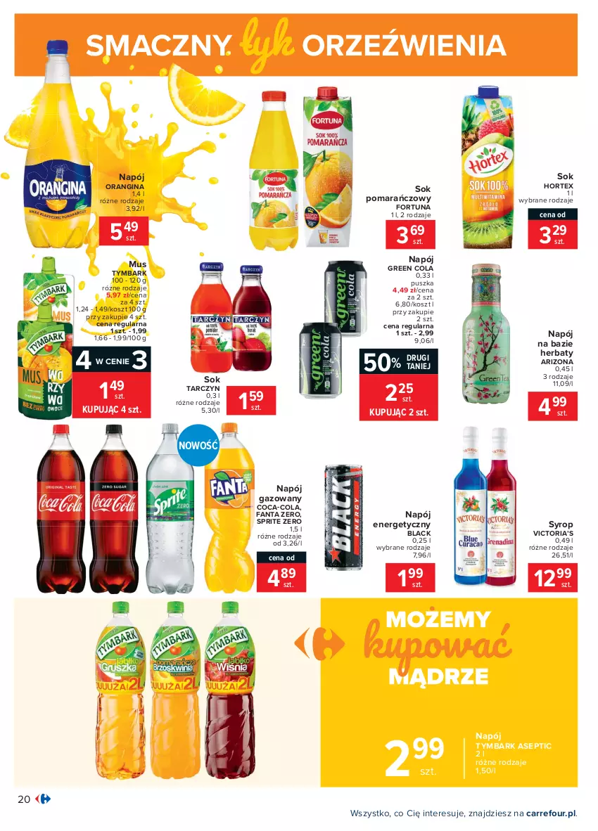 Gazetka promocyjna Carrefour - Gazetka Carrefour - ważna 15.02 do 27.02.2021 - strona 20 - produkty: Coca-Cola, Fa, Fanta, Fortuna, Gin, Hortex, Kosz, Lack, Mus, Napój, Napój energetyczny, Napój gazowany, Sok, Sok pomarańczowy, Sprite, Syrop, Tymbark