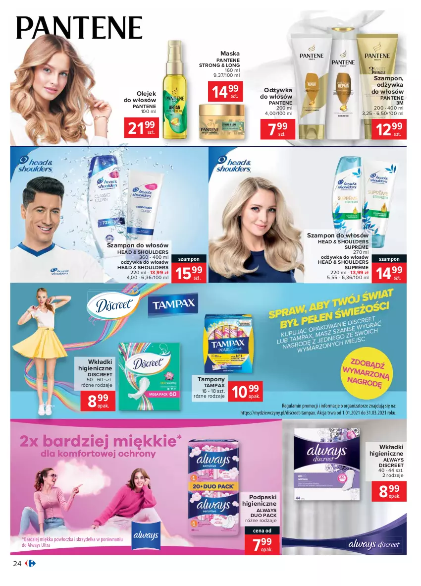 Gazetka promocyjna Carrefour - Gazetka Carrefour - ważna 15.02 do 27.02.2021 - strona 24 - produkty: Always, Discreet, Maska, Odżywka, Olej, Pantene, Pax, Podpaski, Szampon, Tampax, Tampony, Wkładki