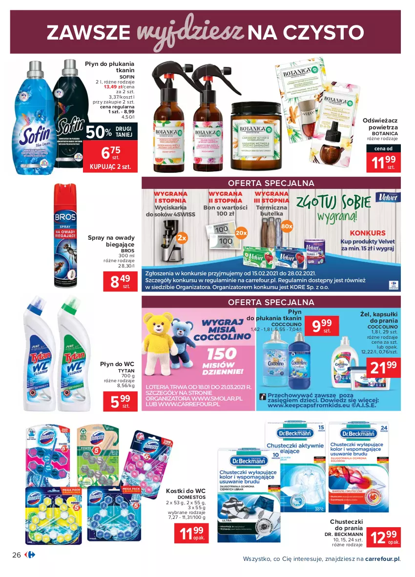 Gazetka promocyjna Carrefour - Gazetka Carrefour - ważna 15.02 do 27.02.2021 - strona 26 - produkty: Chusteczki, Chusteczki do prania, Coccolino, Domestos, Kapsułki do prania, Kosz, Odświeżacz powietrza, Płyn do płukania, Płyn do wc, Tytan