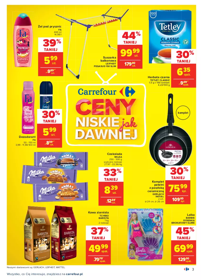 Gazetka promocyjna Carrefour - Gazetka Carrefour - ważna 15.02 do 27.02.2021 - strona 3 - produkty: Asus, Barbie, Czekolada, Dezodorant, Fa, Herbata, Herbata czarna, Kawa, Kawa ziarnista, Lalka, Mattel, Milka, Suszarka, Suszarka balkonowa, Tchibo, Tchibo Barista, Tetley