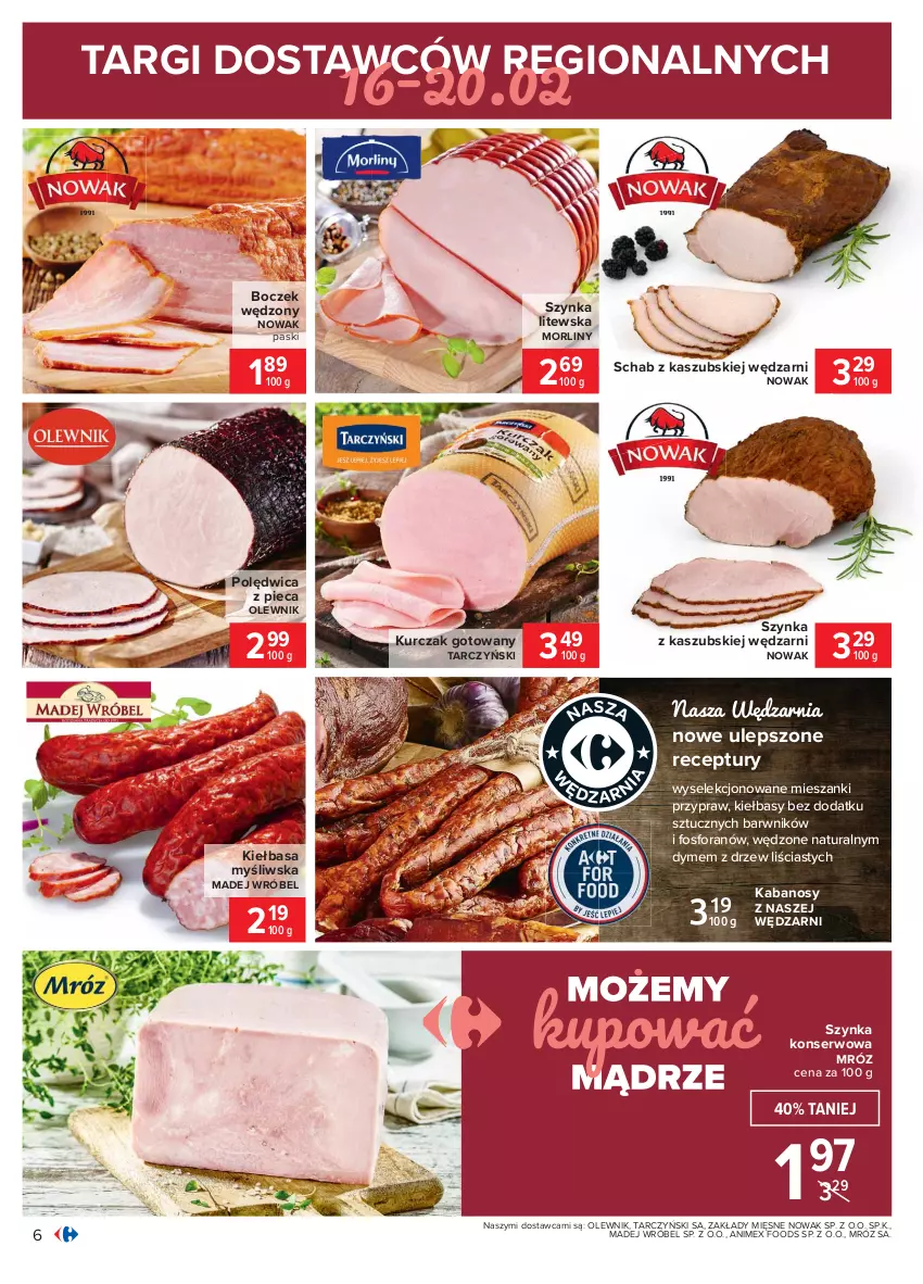 Gazetka promocyjna Carrefour - Gazetka Carrefour - ważna 15.02 do 27.02.2021 - strona 6 - produkty: Boczek, Kabanos, Kiełbasa, Kurczak, Kurczak gotowany, Madej Wróbel, Morliny, NOWAK, Olewnik, Piec, Polędwica, Schab z kaszubskiej wędzarni, Ser, Szynka, Szynka konserwowa, Tarczyński