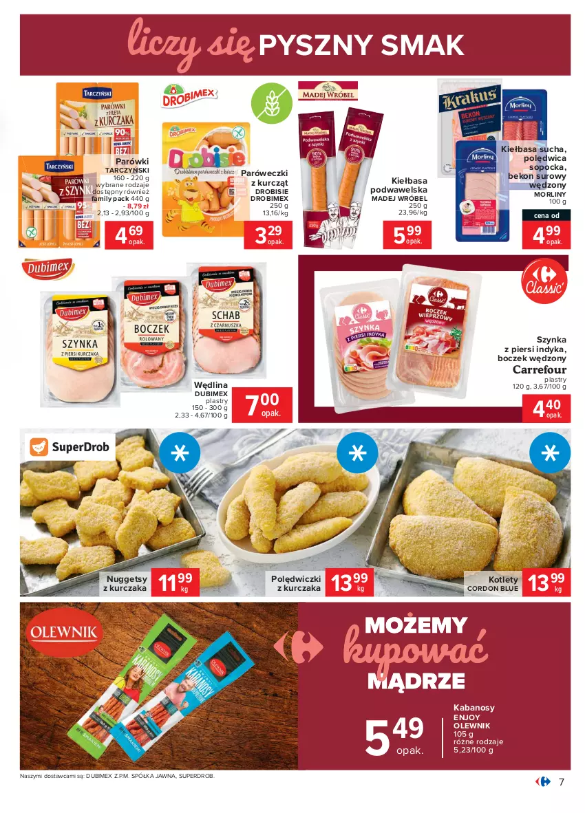 Gazetka promocyjna Carrefour - Gazetka Carrefour - ważna 15.02 do 27.02.2021 - strona 7 - produkty: Beko, Boczek, Drobimex, Fa, Kabanos, Kiełbasa, Kiełbasa podwawelska, Kotlet, Kurczak, Madej Wróbel, Morliny, Olewnik, Parówki, Polędwica, Polędwiczki z kurczaka, Półka, Szynka, Tarczyński, Wawel, Wędlina