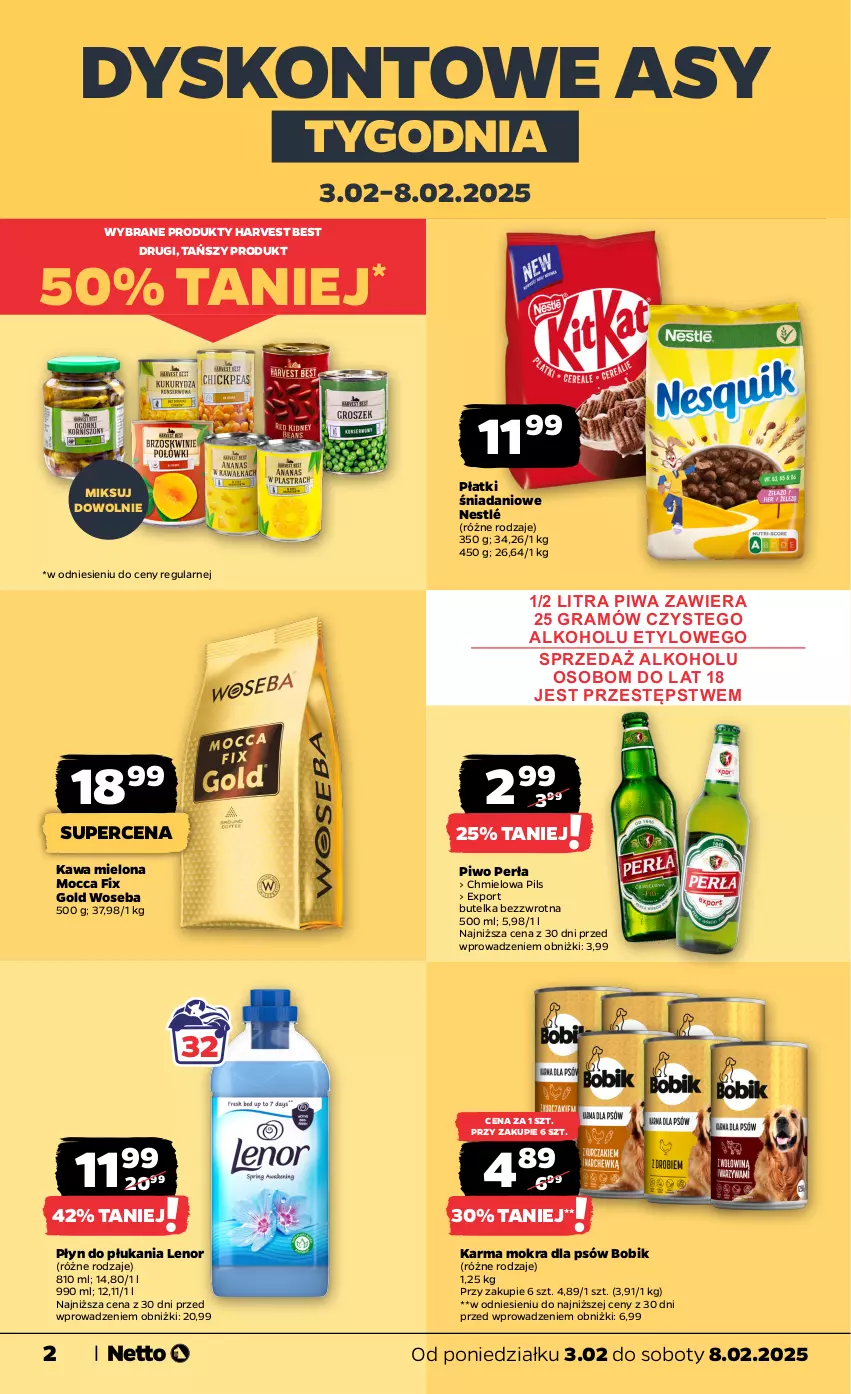 Gazetka promocyjna Netto - Od Poniedziałku - ważna 03.02 do 08.02.2025 - strona 2 - produkty: Danio, Gra, Kawa, Kawa mielona, Lenor, Mocca Fix Gold, Nestlé, Perła, Piwa, Piwo, Płyn do płukania, Por, Woseba