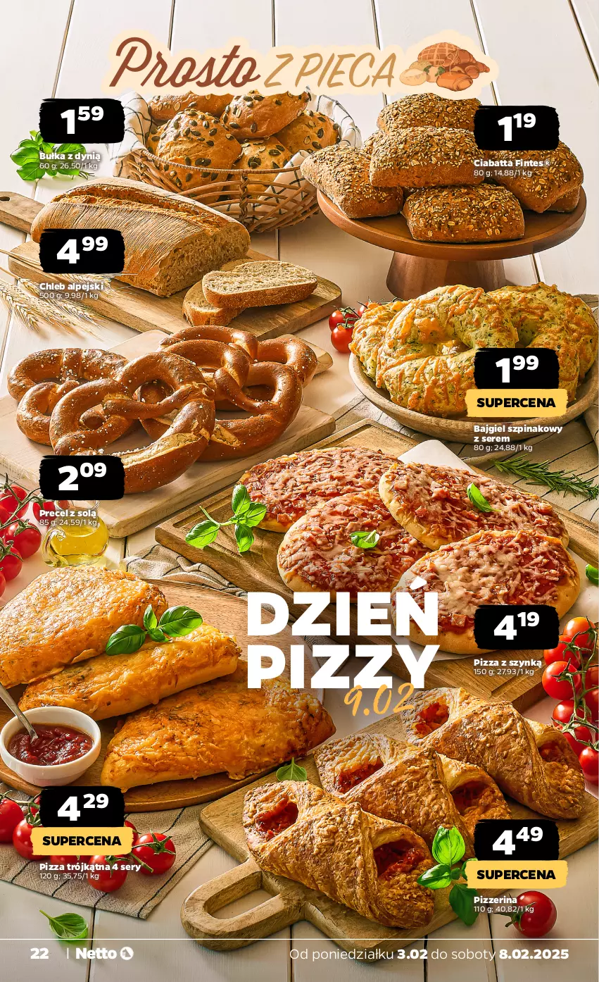 Gazetka promocyjna Netto - Od Poniedziałku - ważna 03.02 do 08.02.2025 - strona 22 - produkty: Bułka, Chleb, Ciabatta, Dynią, Pizza, Pizzerina, Ser, Szpinak