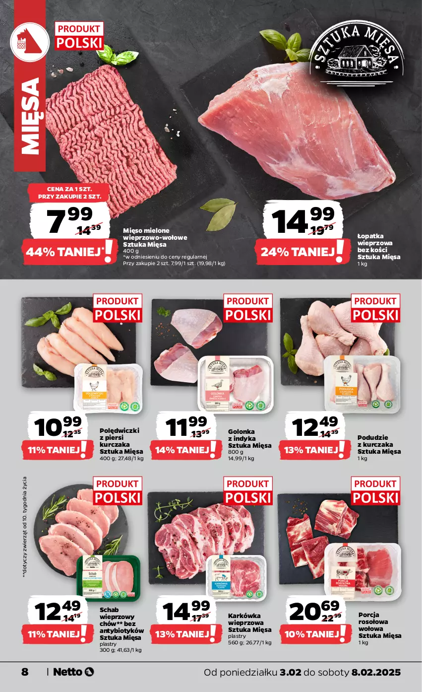 Gazetka promocyjna Netto - Od Poniedziałku - ważna 03.02 do 08.02.2025 - strona 8 - produkty: Golonka z indyka, Karkówka wieprzowa, Kurczak, Mięso, Mięso mielone, Podudzie z kurczaka, Por, Schab wieprzowy