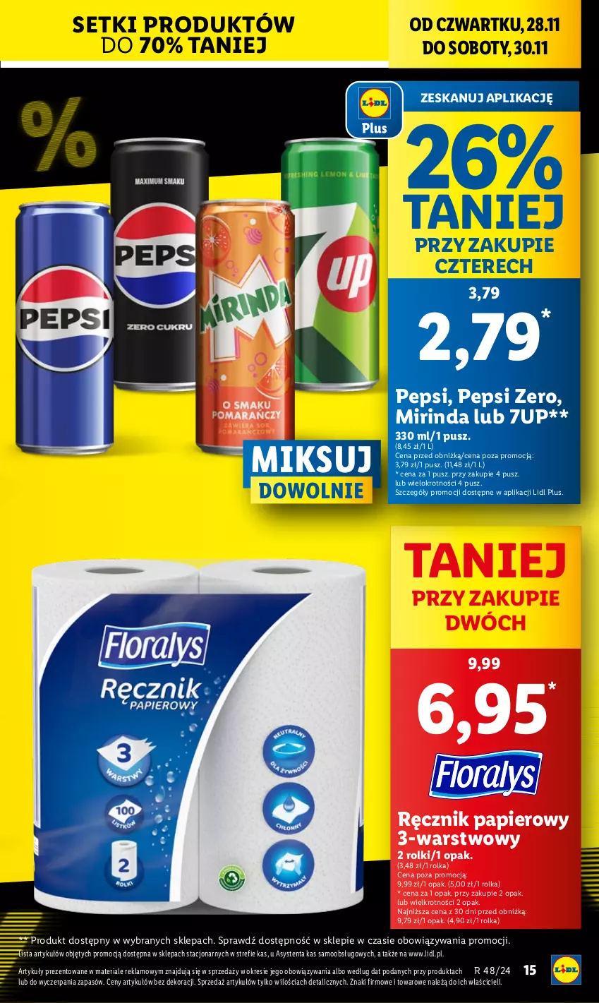 Gazetka promocyjna Lidl - GAZETKA - ważna 28.11 do 30.11.2024 - strona 15 - produkty: 7up, Mirinda, Papier, Pepsi, Ręcznik, Rolki