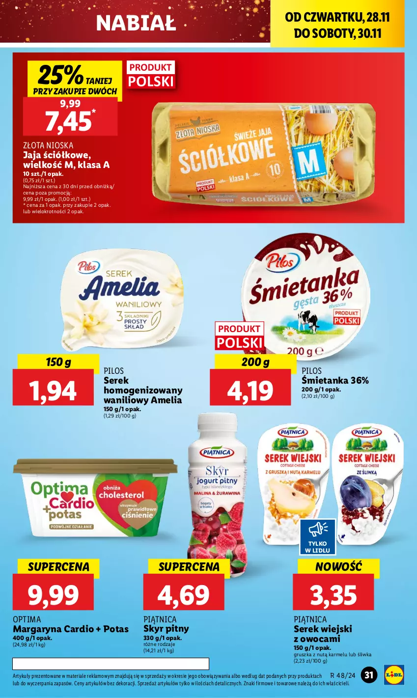 Gazetka promocyjna Lidl - GAZETKA - ważna 28.11 do 30.11.2024 - strona 31 - produkty: Jaja, Margaryna, Optima, Piątnica, Pilos, Ser, Serek, Serek homogenizowany, Serek wiejski