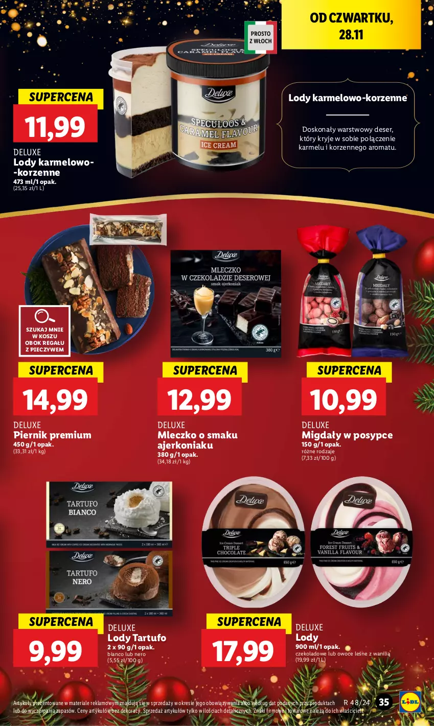 Gazetka promocyjna Lidl - GAZETKA - ważna 28.11 do 30.11.2024 - strona 35 - produkty: Deser, Kosz, Lody, Migdały, Mleczko, Owoce, Piec, Piernik, Regał, Ser