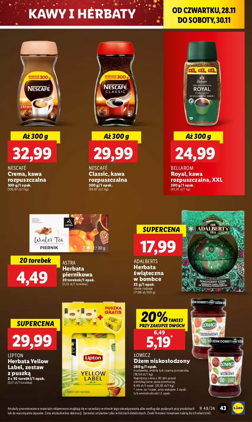 Gazetka promocyjna Lidl - GAZETKA - ważna 28.11 do 30.11.2024 - strona 43 - produkty: Bell, Bella, Dżem, Herbata, Kawa, Kawa rozpuszczalna, Lipton, Nescafé, Piernik, Por, Torebka