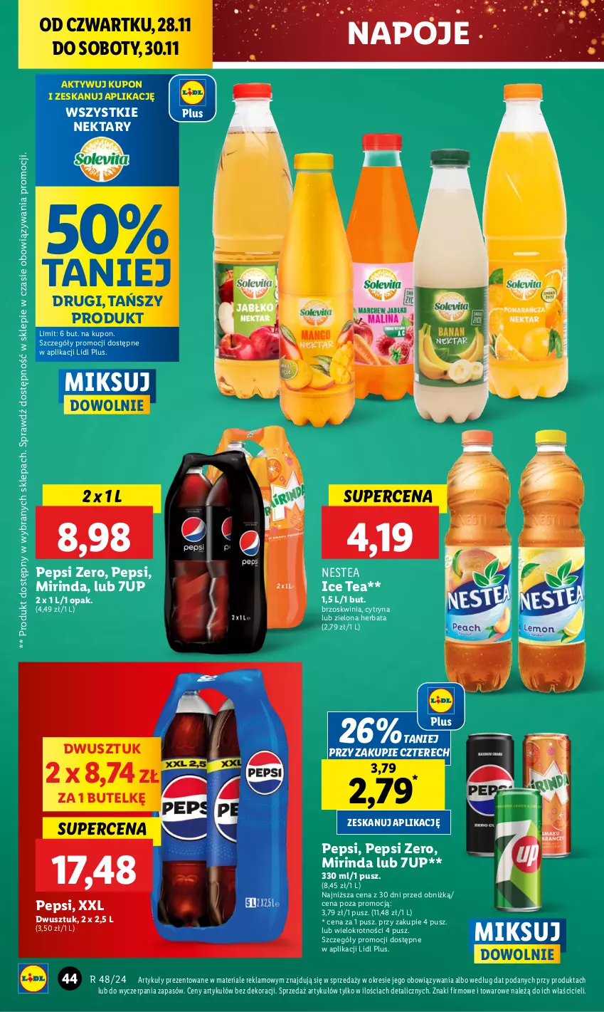 Gazetka promocyjna Lidl - GAZETKA - ważna 28.11 do 30.11.2024 - strona 44 - produkty: 7up, Herbata, Ice tea, Mirinda, Napoje, Nektar, Nestea, Pepsi