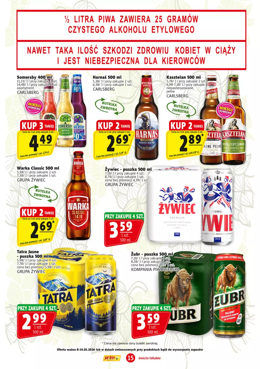 Gazetka promocyjna Prim Market - ważna 08.01 do 14.01.2026 - strona 15 - produkty: Carlsberg, Gra, Harnaś, Kasztelan, Piec, Piwa, Somersby, Tatra, Warka