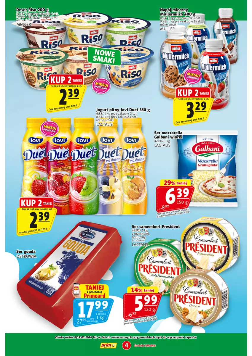 Gazetka promocyjna Prim Market - ważna 08.01 do 14.01.2026 - strona 4 - produkty: Camembert, Deser, Fa, Gouda, Gra, Jogurt, Jogurt pitny, Mozzarella, Napój, Napój mleczny, Ser