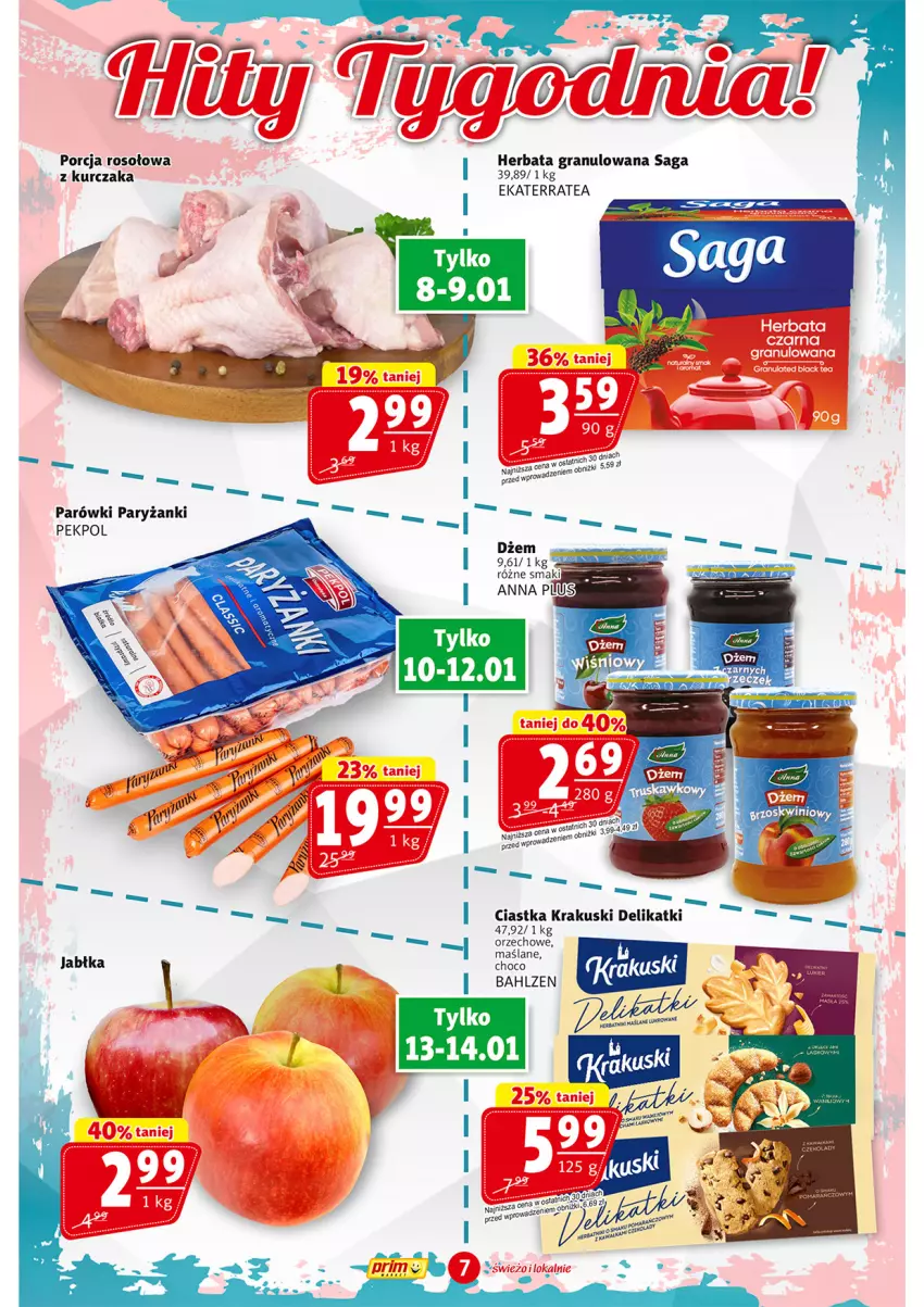 Gazetka promocyjna Prim Market - ważna 08.01 do 14.01.2026 - strona 7 - produkty: Ciastka, Dżem, Gra, Herbata, Jabłka, Krakus, Krakuski, Kurczak, Parówki, Pekpol, Por, Ryż, Saga