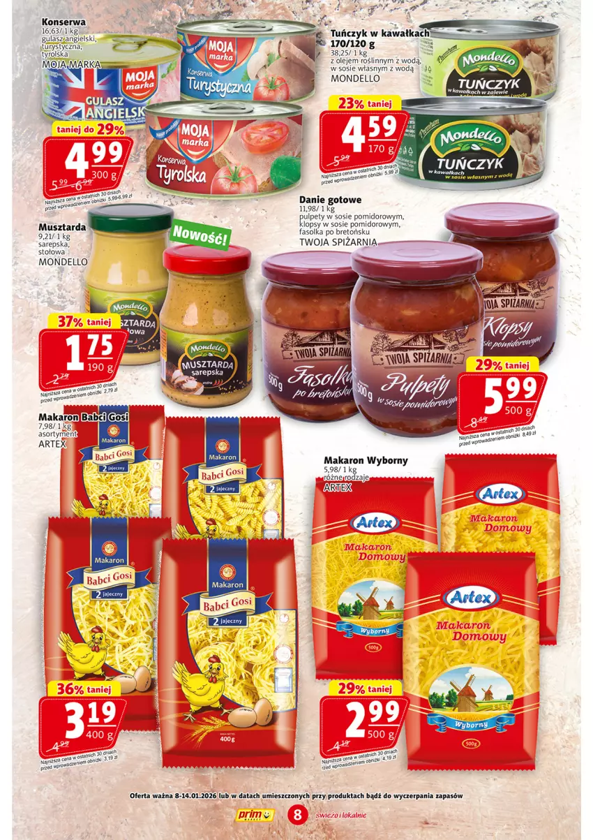 Gazetka promocyjna Prim Market - ważna 08.01 do 14.01.2026 - strona 8 - produkty: Danie gotowe, Dell, Fa, Kawa, Makaron, Mus, Musztarda, Olej, Pulpety, Ser, Sos, Tuńczyk
