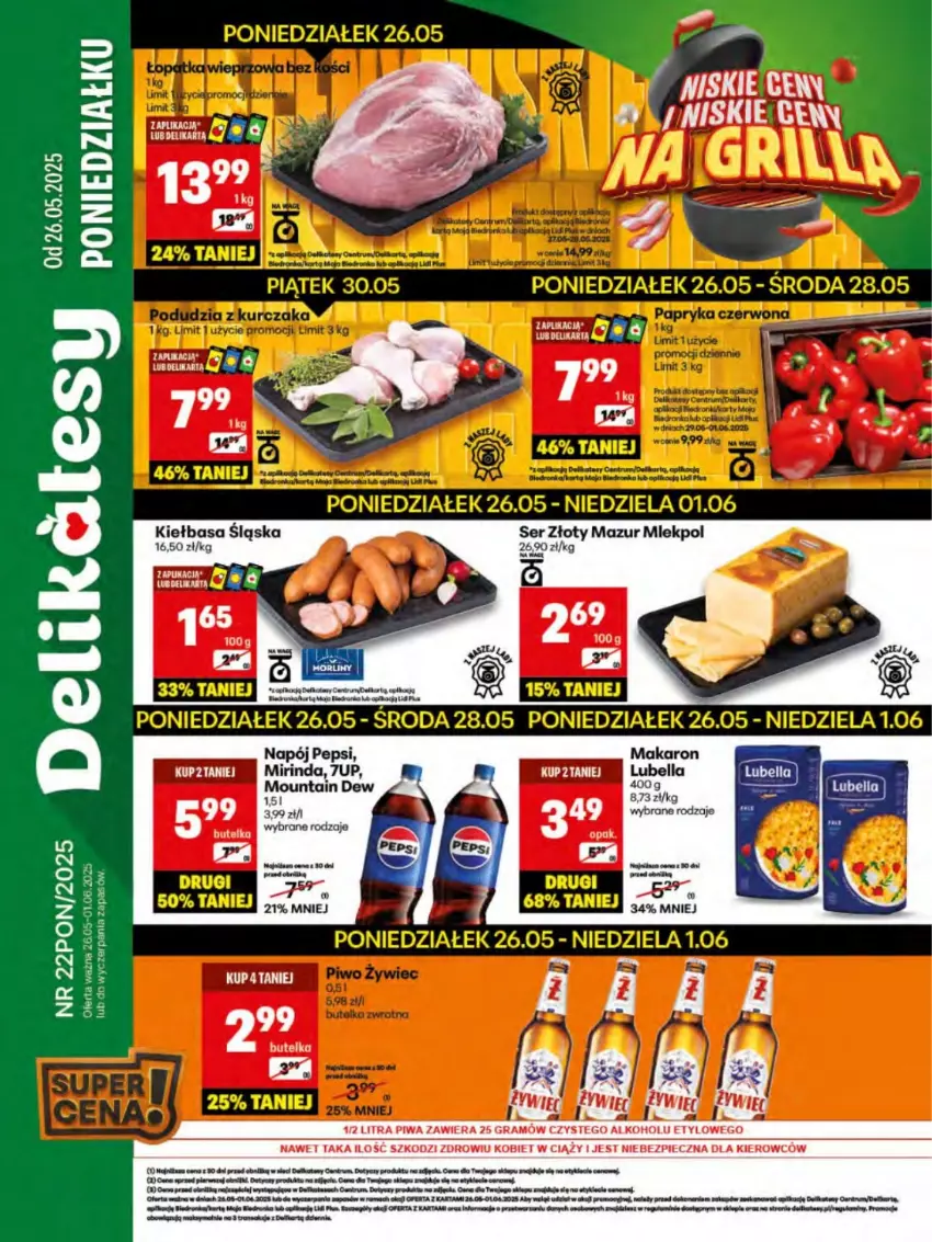 Gazetka promocyjna Delikatesy Centrum - Franczyza DC22 Poniedziałek - ważna 26.05 do 01.06.2025 - strona 1 - produkty: 7up, Bell, Bella, Gra, Kiełbasa, Kiełbasa śląska, Koc, Lubella, Makaron, Mirinda, Napój, Pepsi, Piec, Piwa, Saga, Ser, Złoty Mazur