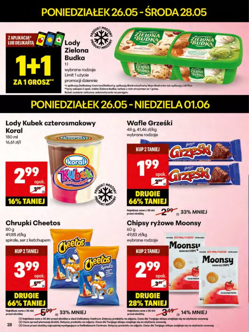 Gazetka promocyjna Delikatesy Centrum - Franczyza DC22 Poniedziałek - ważna 26.05 do 01.06.2025 - strona 28 - produkty: Cheetos, Chipsy, Chrupki, Grześki, Ketchup, Kubek, Lody, Rum, Ryż, Ser, Wafle, Zielona Budka